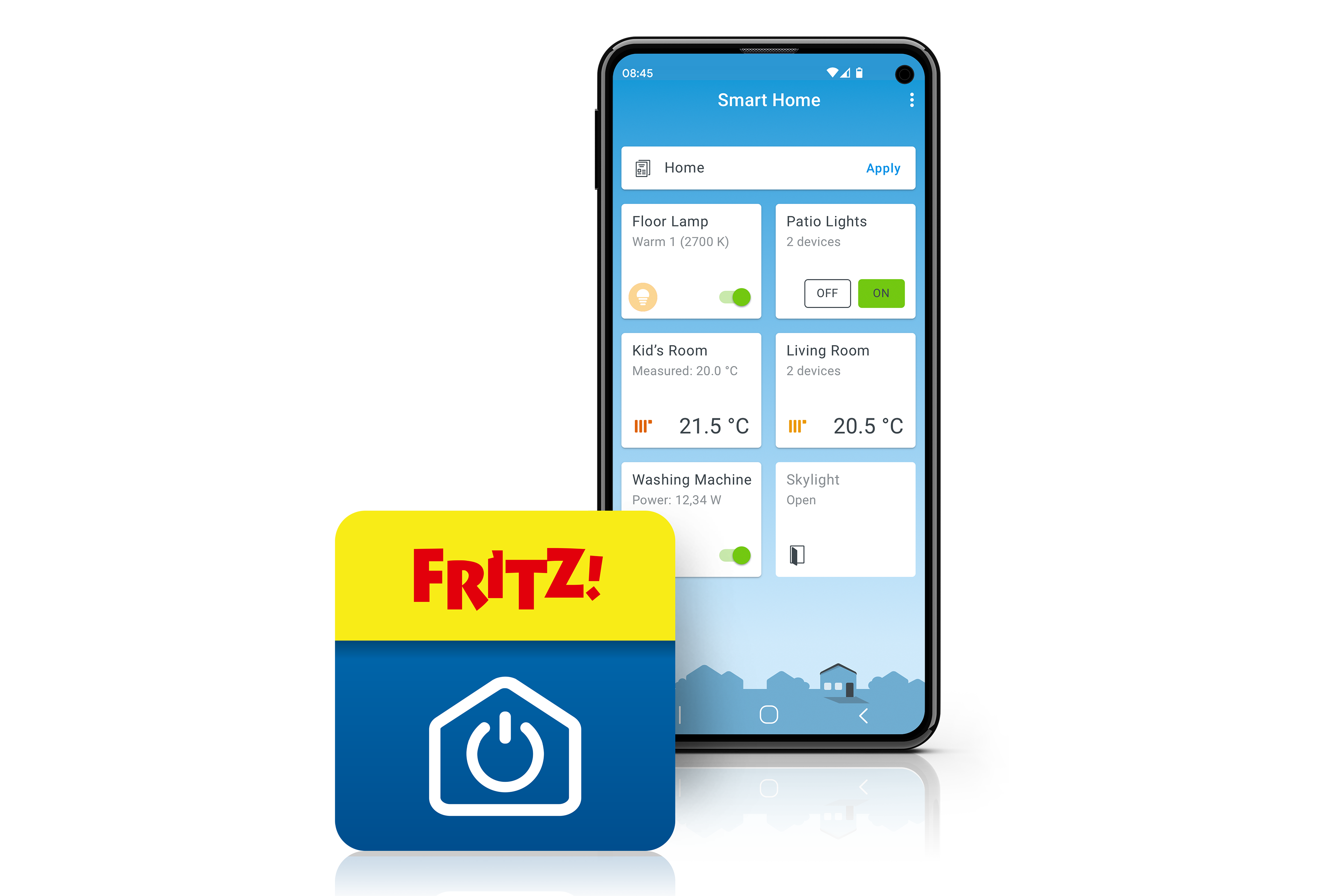 Apple iPhone, display, FRITZ! Smart Home app, radiator, WLAN radiator  thermostat FRITZ! DECT 302, display shows snowflakes icon, frost protection  approx ö°C., white background, icon image, smartphone for heating control,  smart home
